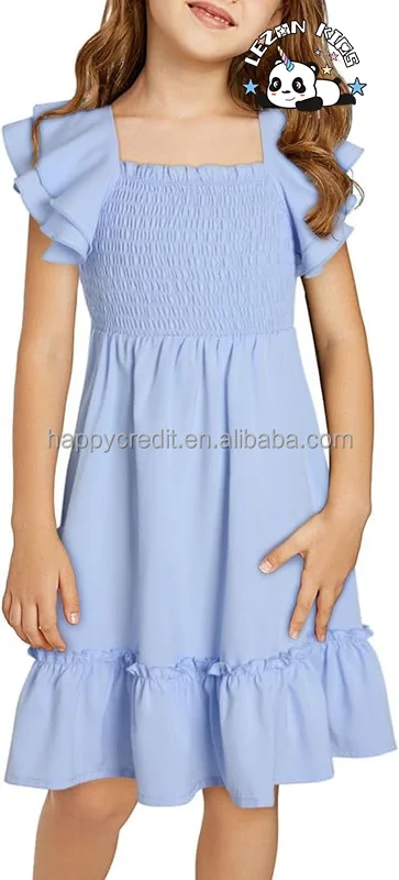 LEZONKIDS - Summer Customize Tween Girls Elegant Ruffle Sleeve Dresses smocked solid color dress for 2-14 Years